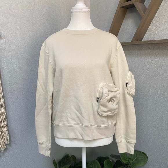 Stussy Sweaters - STÜSSY CREAM FRONT POCKETS CREWNECK PULLOVER SWEATSHIRT STREETWEAR SKATE CASUAL